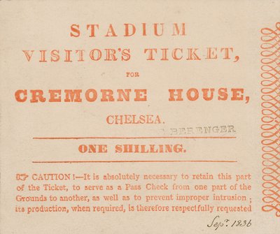 Bilet dla odwiedzających na stadion, Cremorne House, Londyn, wrzesień 1836 autorstwa English School