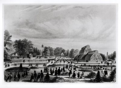 Odwiedzający oglądający palmiarnię w pałacu Kew, ok. 1860 r. autorstwa English School