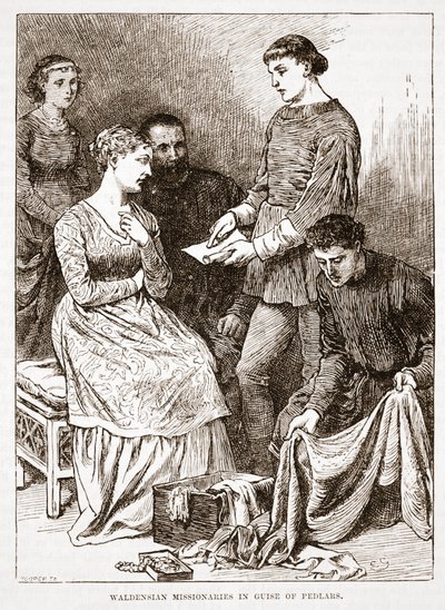 Misjonarze waldensów w przebraniu Pedlarów, ilustracja z Historii protestantyzmu Jamesa Aitkena Wylie (1808-1890), wyd. 1878 autorstwa English School