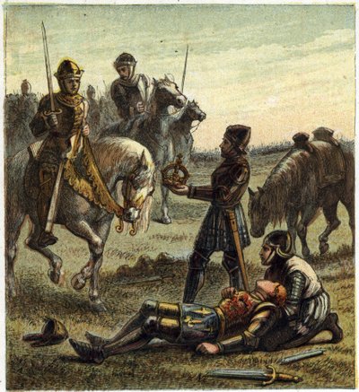 Wojna Dwóch Róż: śmierć króla Ryszarda III (1452-1485) podczas bitwy pod Bosworth Field, która między 22.08.1485 Ryszardem III a Henrykiem, księciem Richmond. Ten ostatni otrzymał koronę króla dechu i stał się Henrykiem VII znanym jako Henryk Tudor autorstwa English School