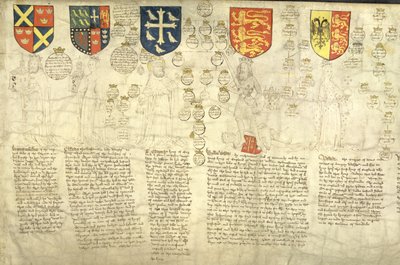 Warremundus, z królewskiej krwi Sasów, z „The Rous Roll”, Ilustrowana kronika zwojowa autorstwa Johna Rous autorstwa English School