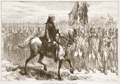 Warren Hastings przegląda kolumnę Pearses, ilustracja z Cassells Illustrated History of India autorstwa Jamesa Granta, wyd. 1879 autorstwa English School