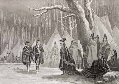 Waszyngton i Gist odwiedzają indyjską królową Alliquippę, z „Galerii Portretów Historycznych”, opublikowanej ok. 1880 r. autorstwa English School