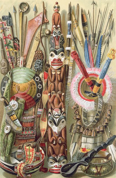 Broń, przybory i ozdoby Indian amerykańskich, z „Historii ludzkości”, tom 1, autorstwa prof. Friedricha Ratzela, 1896 autorstwa English School