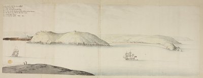 Zachodnie wejście do portu w Cork, od Kidds lub Cow and Calf do Cross Beg Island; Zachodnie wejście do portu w Cork, przedstawiające wyspy Halbowlin, Spike Island i Cross Haven, ok. 1684 (pióro i atrament oraz akwarela na papierze) autorstwa English School