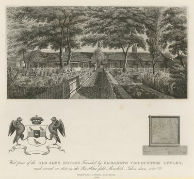 Zachodni front starych domów jałmużny założonych przez Elizabeth Viscountess Lumley (rycina) autorstwa English School