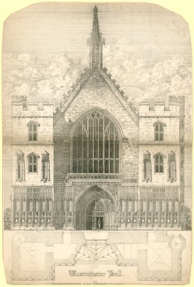 Westminster Hall, Londyn, wraz z planem przyziemnym budynku autorstwa English School