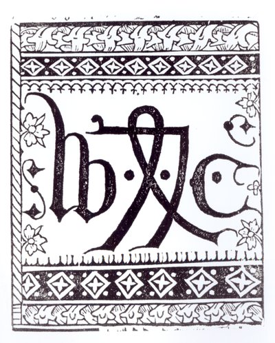 William Caxtons (c.1422 - c.91) Print Mark, ilustracja z nauki i literatury w średniowieczu i renesansie, napisana i grawerowana przez Paula Lacroix, 1878 autorstwa English School