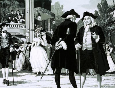 William Hogarth przechadza się po ogrodach Vauxhall (gwasz na papierze) autorstwa English School