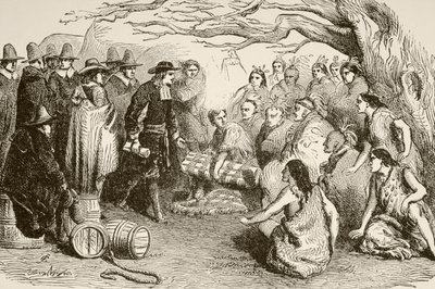 William Penn zawiera traktat z Indianami Delaware lub Lenape w 1682 r. (litho) autorstwa English School
