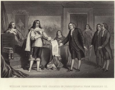 William Penn otrzymuje Kartę Pensylwanii od Karola II autorstwa English School