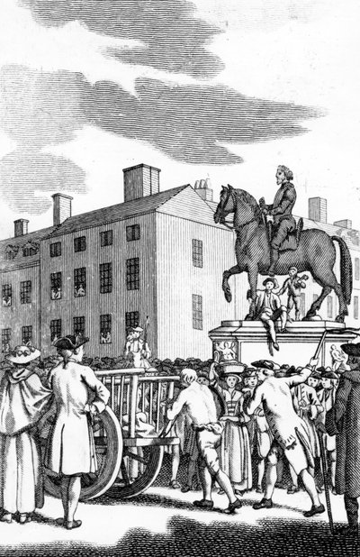 William Stroud, „Człowiek biczowany w ogon wozu za petit Larceny od Charing Cross do Horse Guards”, wygrawerowany dla Tyburn Chronicle autorstwa English School