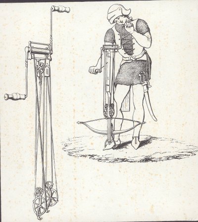 Mechanizm windy kotwicznej do napinania kuszy, ilustracja z „Ancient Armor” autorstwa English School