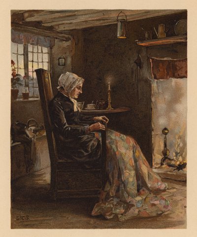 Kobieta szyjąca patchworkową kołdrę (chromolitho) autorstwa English School
