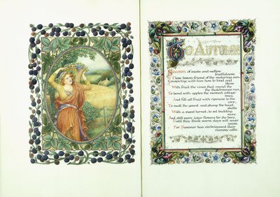 Kobieta z koszem żniwnym (verso) i iluminowanym rękopisem z wersetami z „Do jesieni” (recto) i ozdobnymi bordiurami autorstwa English School