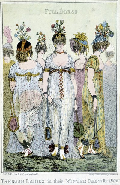 Cudownie: paryskie kobiety w zimowych sukienkach na 1800, angielski rysunek. autorstwa English School