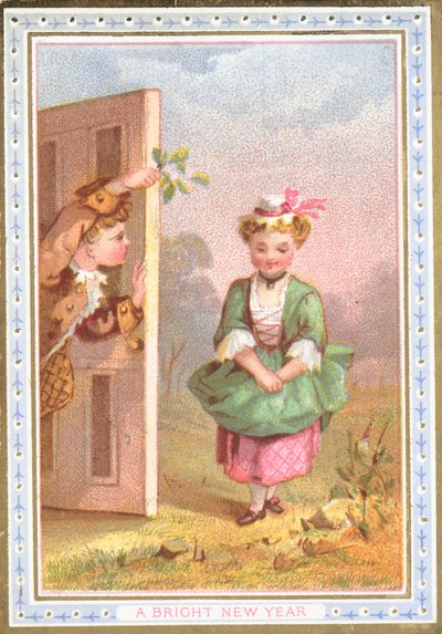Zalotna dziewczyna do jemioły, kartka noworoczna autorstwa English School