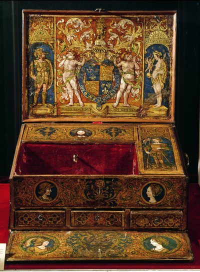 Pudełko do pisania lub biurko, prawdopodobnie namalowane przez Lucasa Hornebolte (ok.1492-1544) ok.1525-27 (orzech i dąb z malowaną i złoconą skórą) autorstwa English School