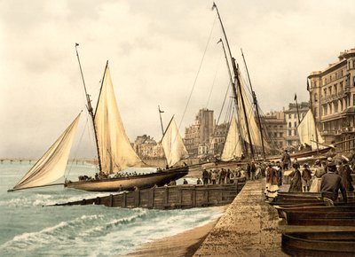 Startowanie jachtów, Hastings (zdjęcie ręcznie kolorowane) autorstwa English School