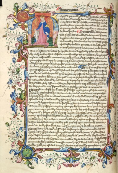 Yates Thompson 48, f.172v Historyczny inicjał „N” (ostre) Henryka V i pełna foliowana obwódka na początku jego Statutu z „Nova Stauta” (welin) autorstwa English School