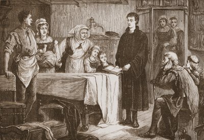 Młody Kalwin wyjaśnia Biblię rodzinie w Bourges, ilustracja z Historii protestantyzmu Jamesa Aitkena Wylie (1808-1890), wyd. 1878 autorstwa English School