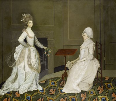 We wnętrzu dwie panie, jedna czytająca, druga trzymająca girlandę kwiatów autorstwa English School, 18th Century
