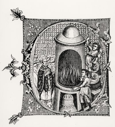 Historyczny inicjał C z Divinorum Officiorum Williama Duranda, ilustracja z Science and Literature in the Middle Ages and Renaissance, napisana i rytowana przez Paula Lacroix, 1878 ( autorstwa English School English School