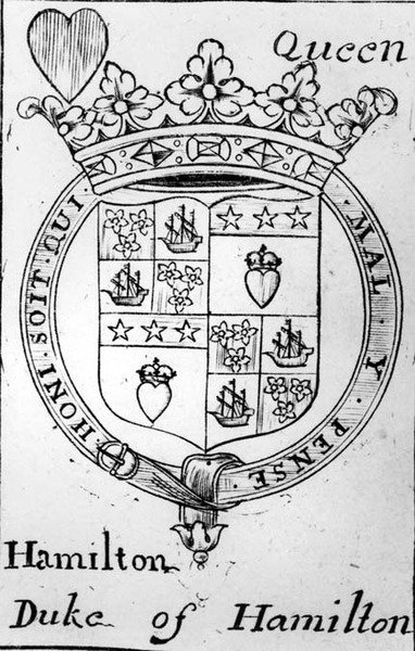 Karta do gry przedstawiająca herb księcia Hamilton autorstwa English School English School