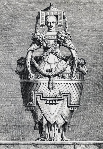 Wazon antropomorficzny, grecka panna młoda, grawer Ennemond-Alexandre Petitot (1727-1801) z Masquerade la Grecque, Suite des Vases and Cheminees, Parma autorstwa Ennemond Alexandre (after) Petitot