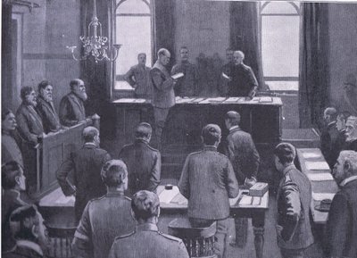 Proces o zdradę stanu w Bloemfontein, z książki After Pretoria: The Guerilla War wydanej przez Harmsworth Bros Limited, 1901 autorstwa Enoch Ward
