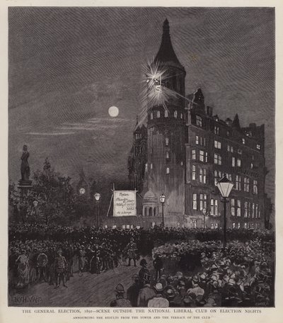 Ogłoszenie wyników wyborów powszechnych 1892 z Klubu Liberałów, Westminster, Londyn (lito) autorstwa Enoch Ward