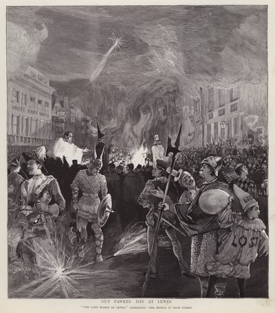 Procesja z okazji Dnia Guya Fawkesa w Lewes, Sussex, 5 listopada 1892 (lito) autorstwa Enoch Ward
