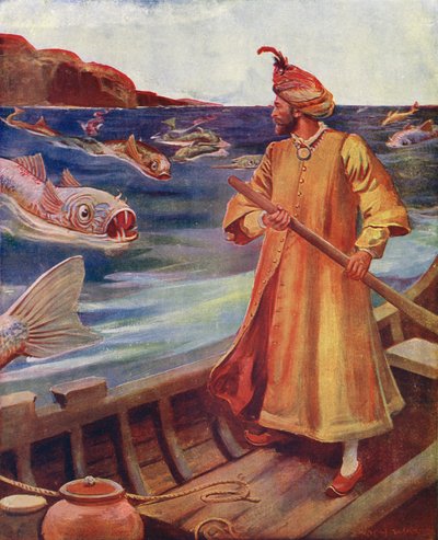 Sindbad widzi ogromne ryby (kolorowa litografia) autorstwa Enoch Ward