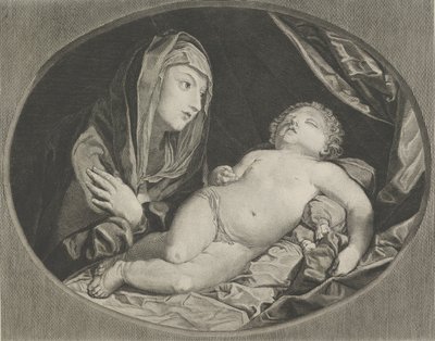 Dziewica z rękami skrzyżowanymi na piersi patrząca na śpiące niemowlę Chrystus, w..., 1770-1834. autorstwa Ephraim Gottlieb Krüger