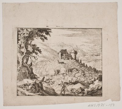 Górzysty krajobraz z zamkiem i wędrowcem autorstwa Erasmus Sigismund Resch