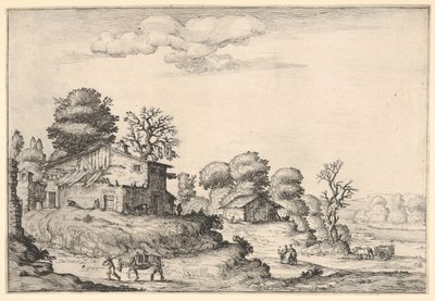 Krajobraz z domami chłopskimi i człowiekiem prowadzącym konia na lewym pierwszym planie, z ..., 1638 r. autorstwa Ercole Bazicaluva