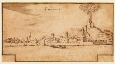 Widok Cartageny, Hiszpania, ok. 1642 (pióro i brązowy tusz na papierze, z brązowymi liniami obramowania na dole) autorstwa Ercole Frigoni Bazzicaluva