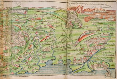 Mapa Jerozolimy z „Pielgrzymki do Ziemi Świętej” Bernharda von Breydenbacha (1440-97) autorstwa Erhard Reuwich