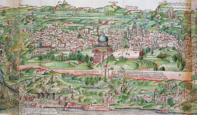 Mapa Jerozolimy z „Pielgrzymki do Ziemi Świętej” Bernharda von Breydenbacha (1440-97) autorstwa Erhard Reuwich