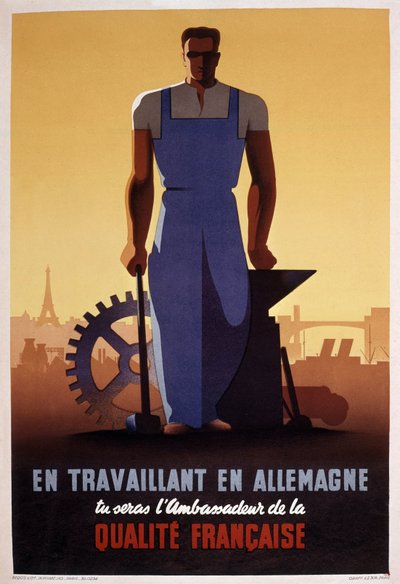 Francuski plakat propagandowy STO (organizacji pracy przymusowej utworzonej w 1943 r. podczas niemieckiej okupacji Francji) autorstwa Eric Castel