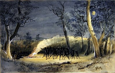 A Native Corroboree at Night (ołówek, akwarela i guma arabska na papierze) autorstwa Eric Gill