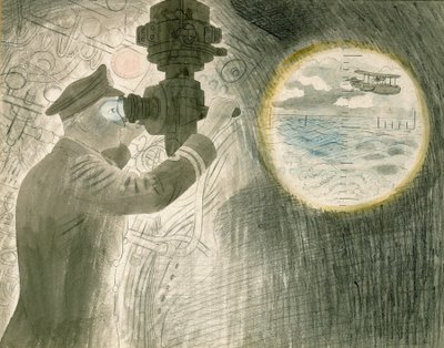 Oficer okrętu podwodnego spoglądający przez peryskop. Akwarela i ołówek na papierze autorstwa Eric Ravilious