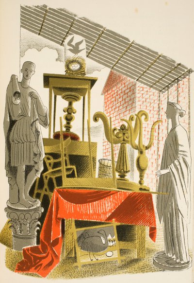Sklep z antykami, ilustracja z „High Street” J.M. Richardsa, wydrukowana przez Curwen Press, wyd. przez Życie na wsi, 1938 autorstwa Eric Ravilious