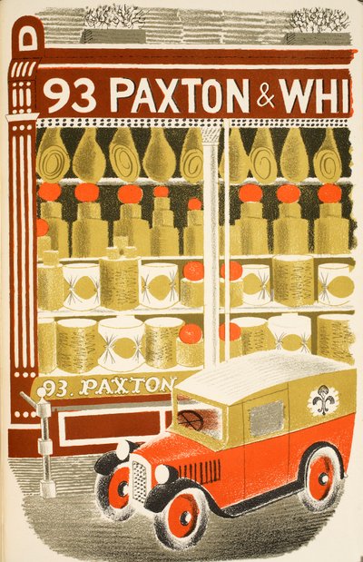Cheesemonger, ilustracja z „High Street” J.M. Richardsa, wydrukowana przez Curwen Press, wyd. przez Życie na wsi, 1938 autorstwa Eric Ravilious