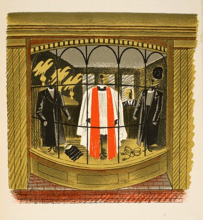 Clerical Outfitter, ilustracja z „High Street” J.M. Richardsa, wydrukowana przez Curwen Press, wyd. przez Życie na wsi, 1938 autorstwa Eric Ravilious