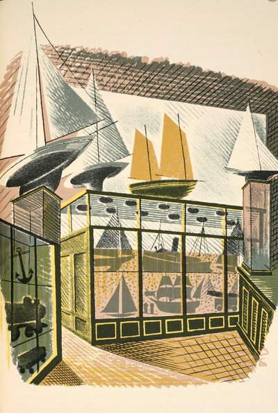 Model Ships and Trains, ilustracja z "High Street" autorstwa J.M. Richardsa, wydrukowana przez Curwen Press, opublikowana przez Country Life, 1938. autorstwa Eric Ravilious
