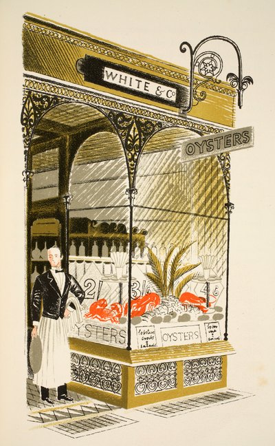 Oyster Bar, ilustracja z „High Street” J.M. Richardsa, wydrukowana przez Curwen Press, wyd. według życia na wsi autorstwa Eric Ravilious
