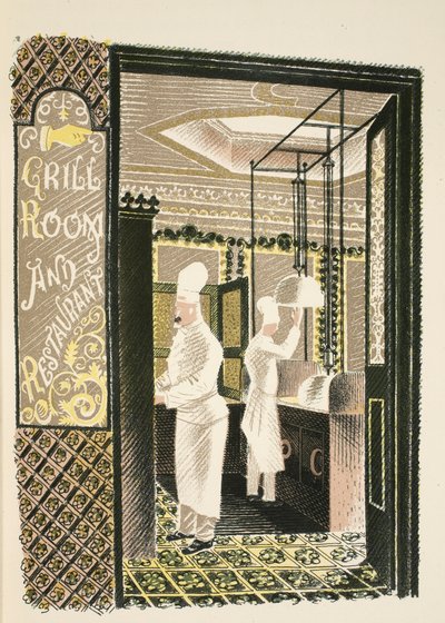 Restauracja i Grill Room, ilustracja z "High Street" J.M. Richardsa, wydrukowana przez Curwen Press, opublikowana przez Country Life, 1938. autorstwa Eric Ravilious