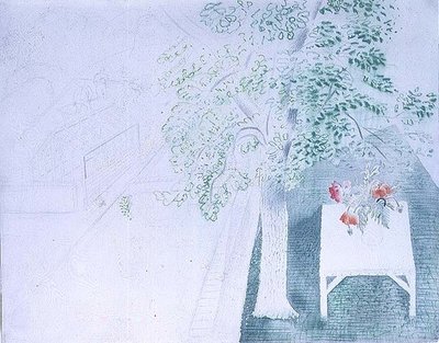 Wazon maków pod drzewem (akwarela) autorstwa Eric Ravilious