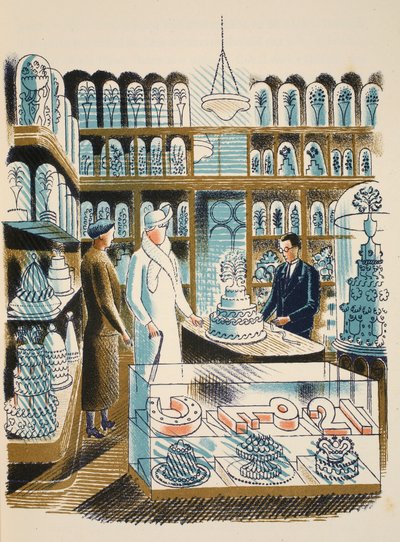 Tort weselny, ilustracja z "High Street" J.M. Richardsa, wydrukowana przez Curwen Press, opublikowana przez Country Life, 1938. autorstwa Eric Ravilious